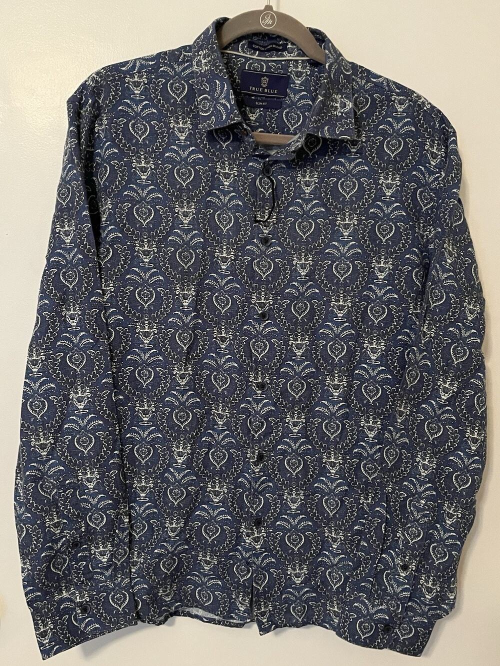 True Blue Slim Fit Indigo Paisley Linen Blend Shirt Mens Large